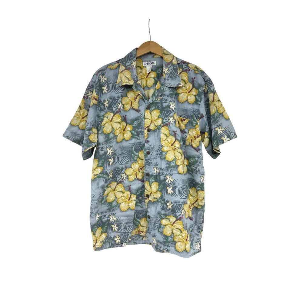 Vintage 90s Cherokee Hawaiian Shirt Mens L Light Blue Floral Hibiscus Cotton